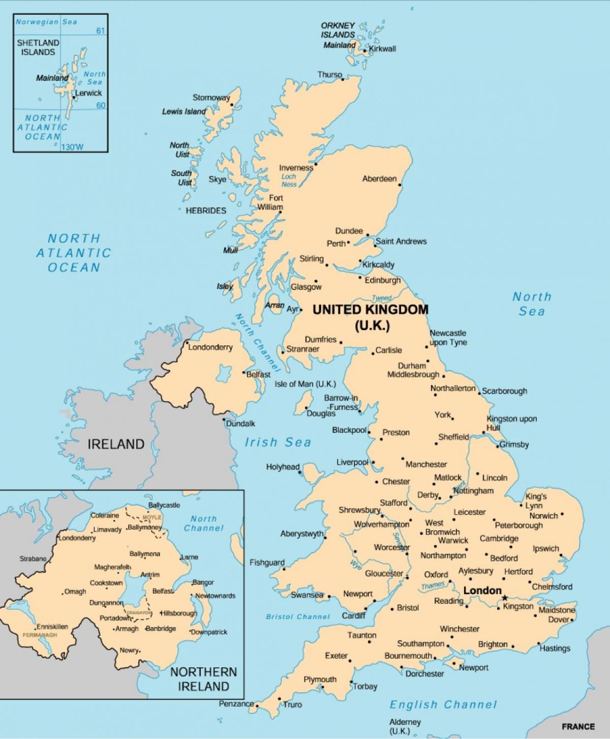 Карта Великобритании с крупными городами на английском